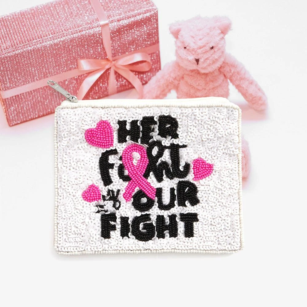 FASHNZFAB Her Fight Is Our Fight Message Sequin Beaded Pink Ribbon Heart Mini Pouch Bag 1