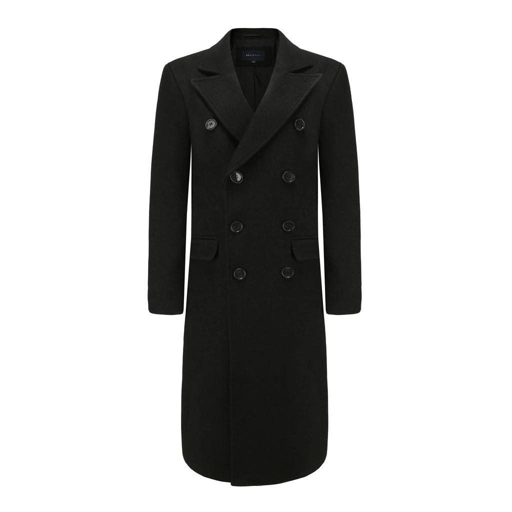 Braveman Men's Double-Breasted Knee Length Wool Blend Three Button Long Jacket Overcoat Top Coat 6