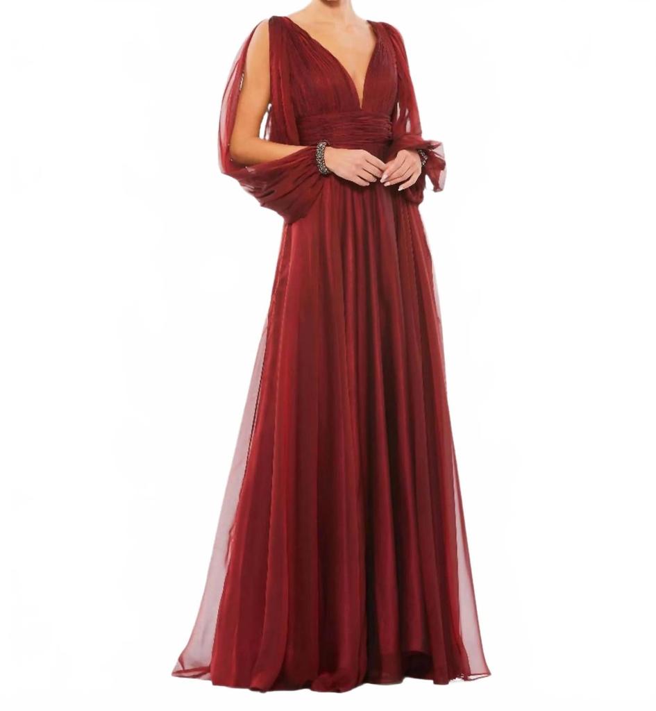 Mac Duggal V-Neck A-Line Chiffon Gown Beaded Cuffs In Garnet