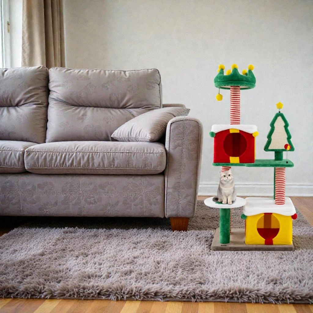 Hivvago Festive Christmas-Themed Indoor Cat Tower with Carpeted Surfaces and Scratch Posts