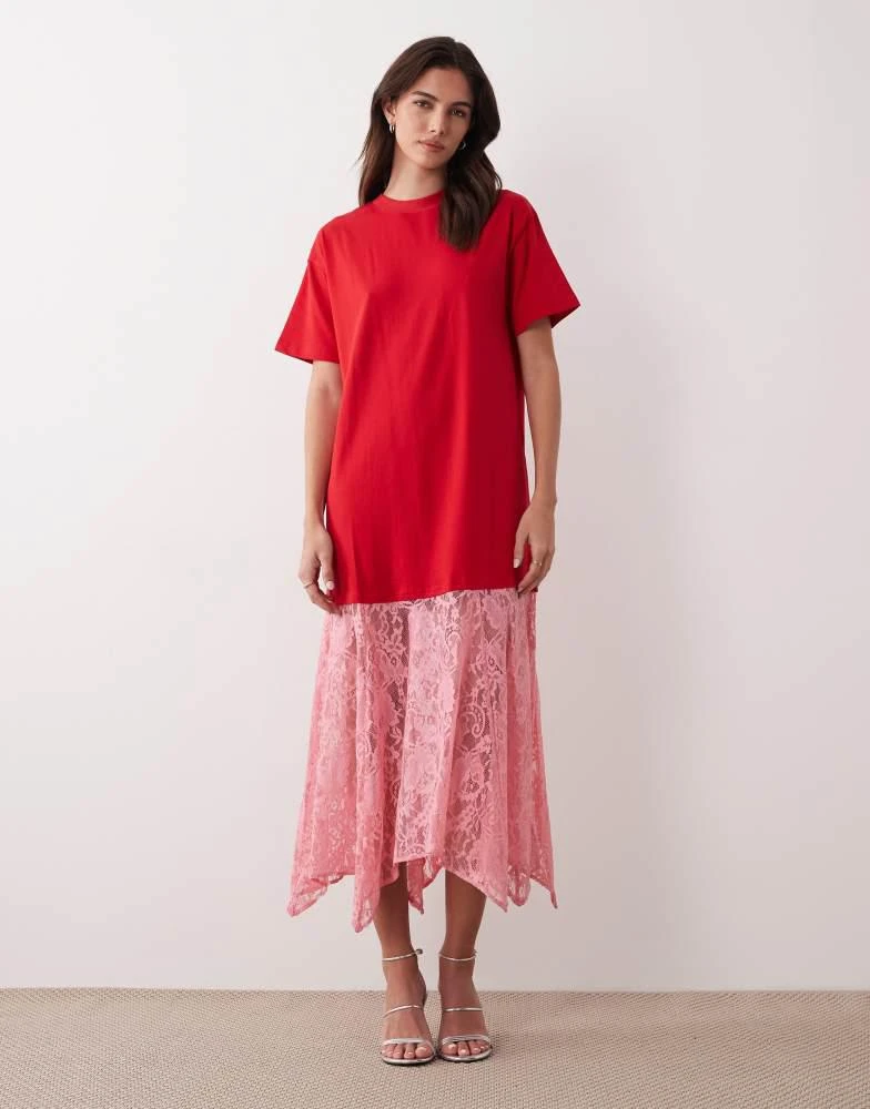 Never Fully Dressed Never Fully Dressed oversized jersey t-shirt lace skirt maxi dress in red and pink