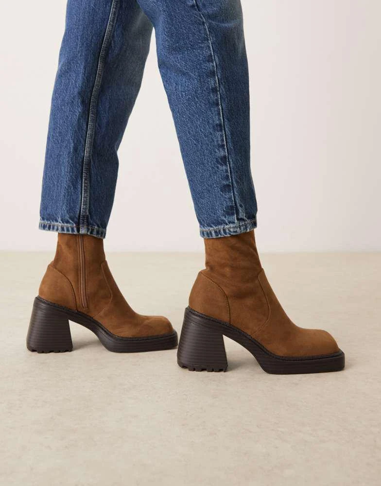 Shop ASOS DESIGN Reign square toe mid-heel platform boots in mocha
