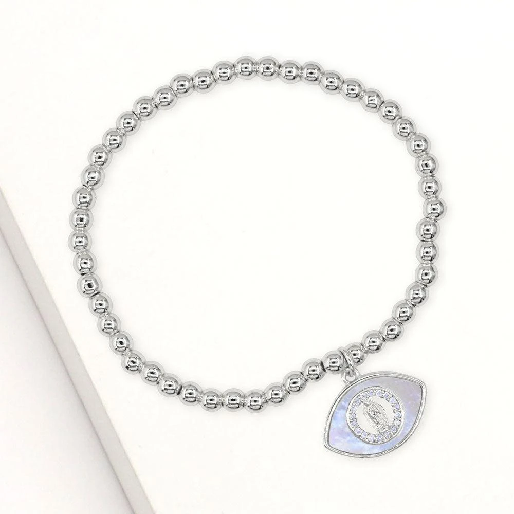FASHNZFAB Stainless Steel Mother of Pearl CZ Stone Rim Virgin Mary Accent Evil Eye Charm Stretch Bracelet Mother of Pearl, Silver