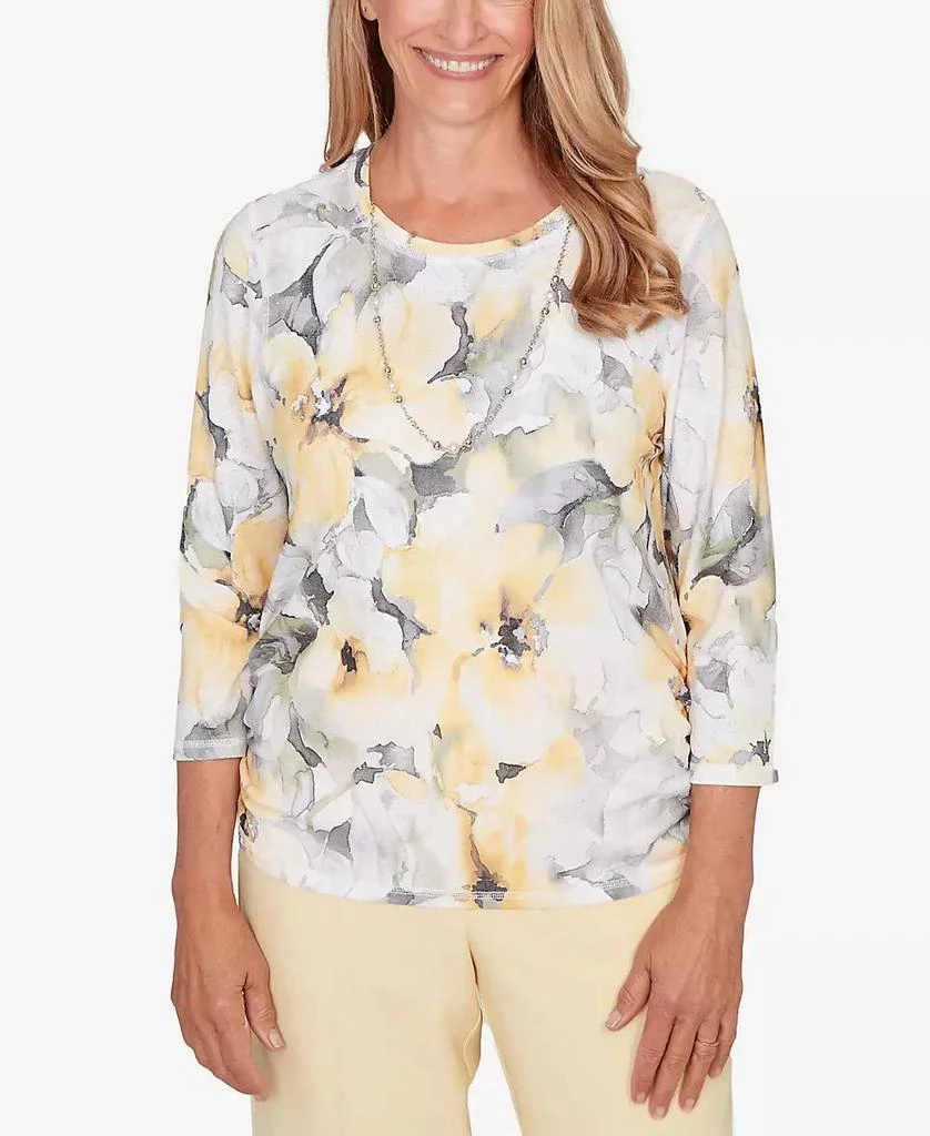 Alfred Dunner Women
s  Al Fresco Watercolor Floral Side Ruched Top with Necklace