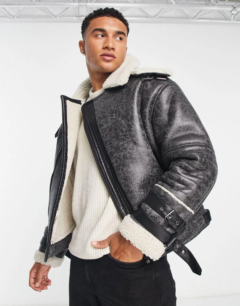 River Island River Island crackle faux shearling aviator jacket in grey 1