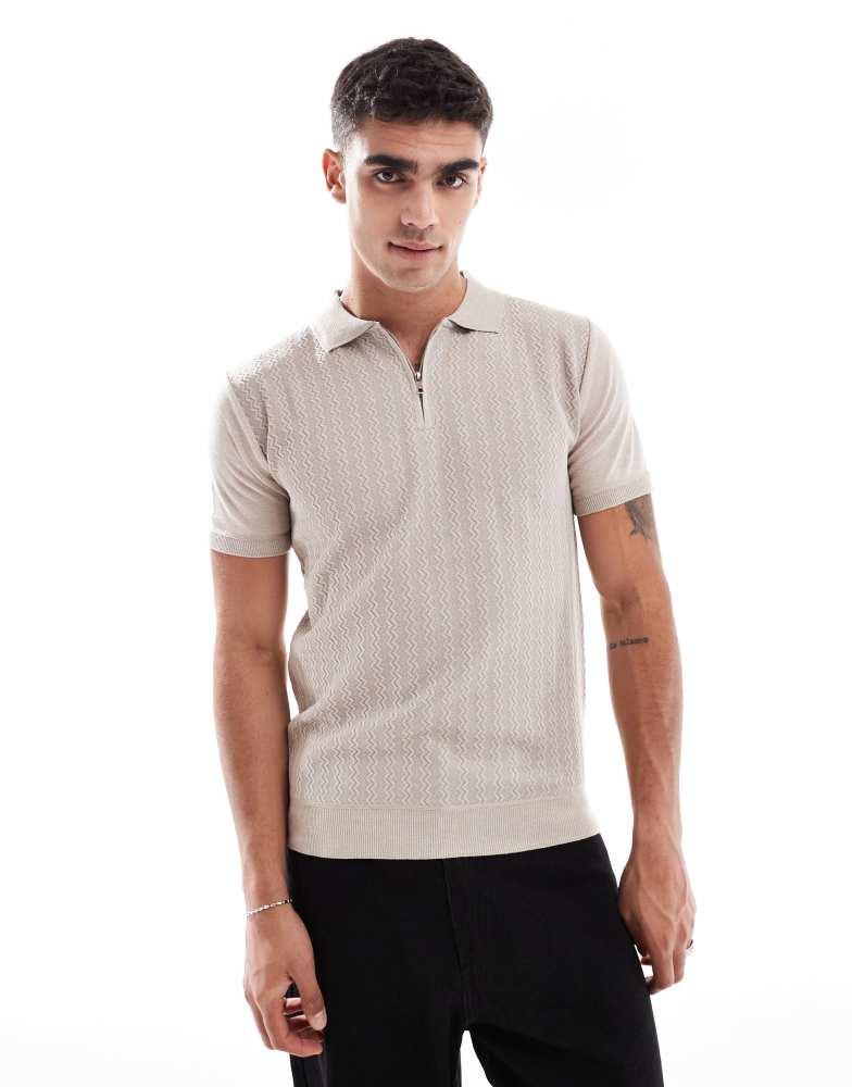 Brave Soul Brave Soul Textured zip neck knitted polo in stone