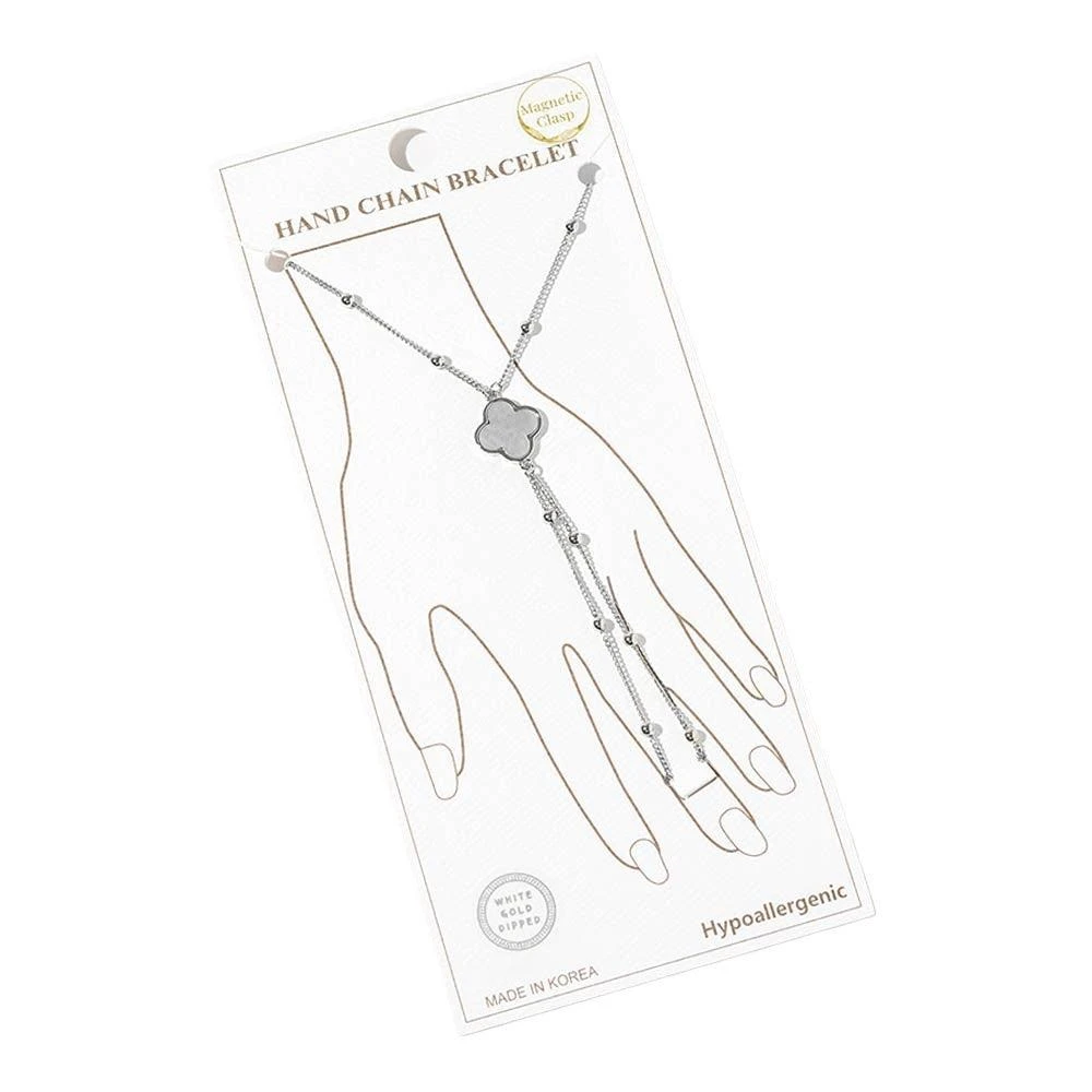 FASHNZFAB White Gold Dipped Beaded Mother of Pearl Quatrefoil Accent Hand Chain Magnetic Bracelet 2