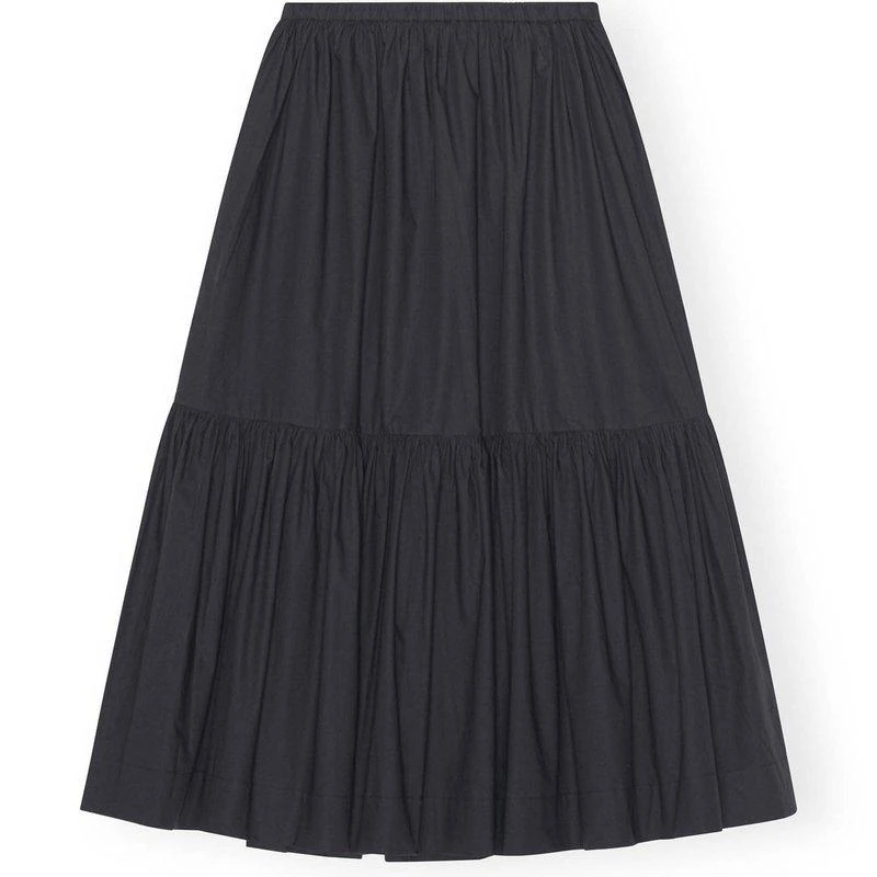 Ganni Cotton Poplin Maxi Flounce Skirt In Black 1