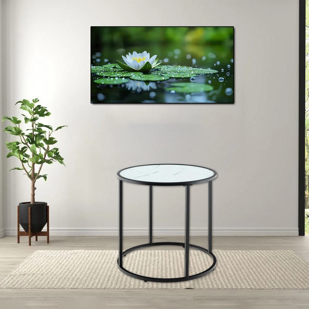 Hivvago 20-Inch Glass Side Table with Metal Base and Imitation Marble Top