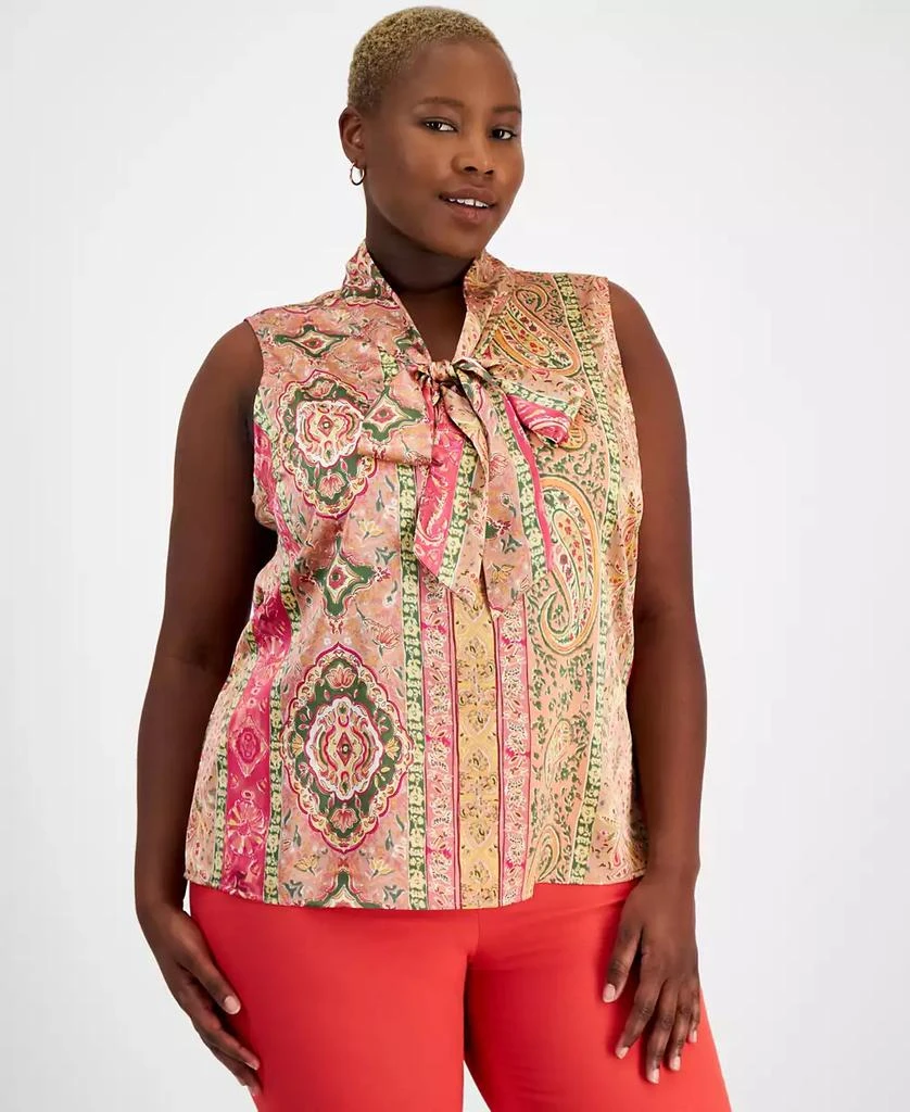 Tahari Plus Size Printed Sleeveless Bow Blouse 1