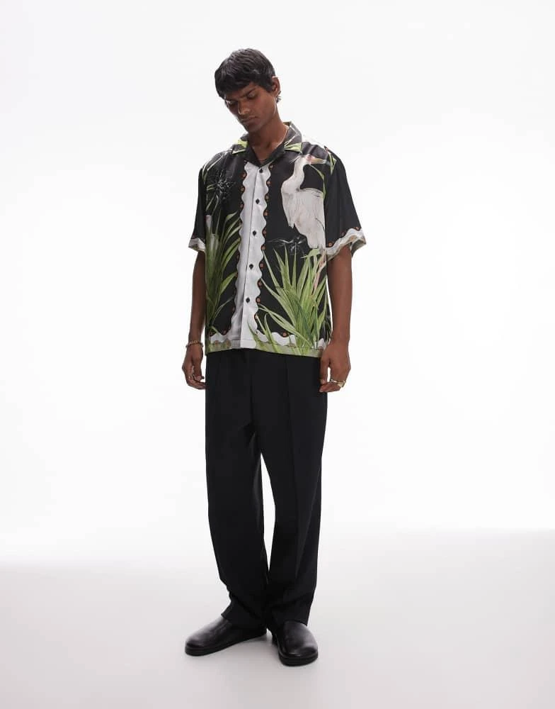 Topman Topman short sleeve satin heron shirt in black 3