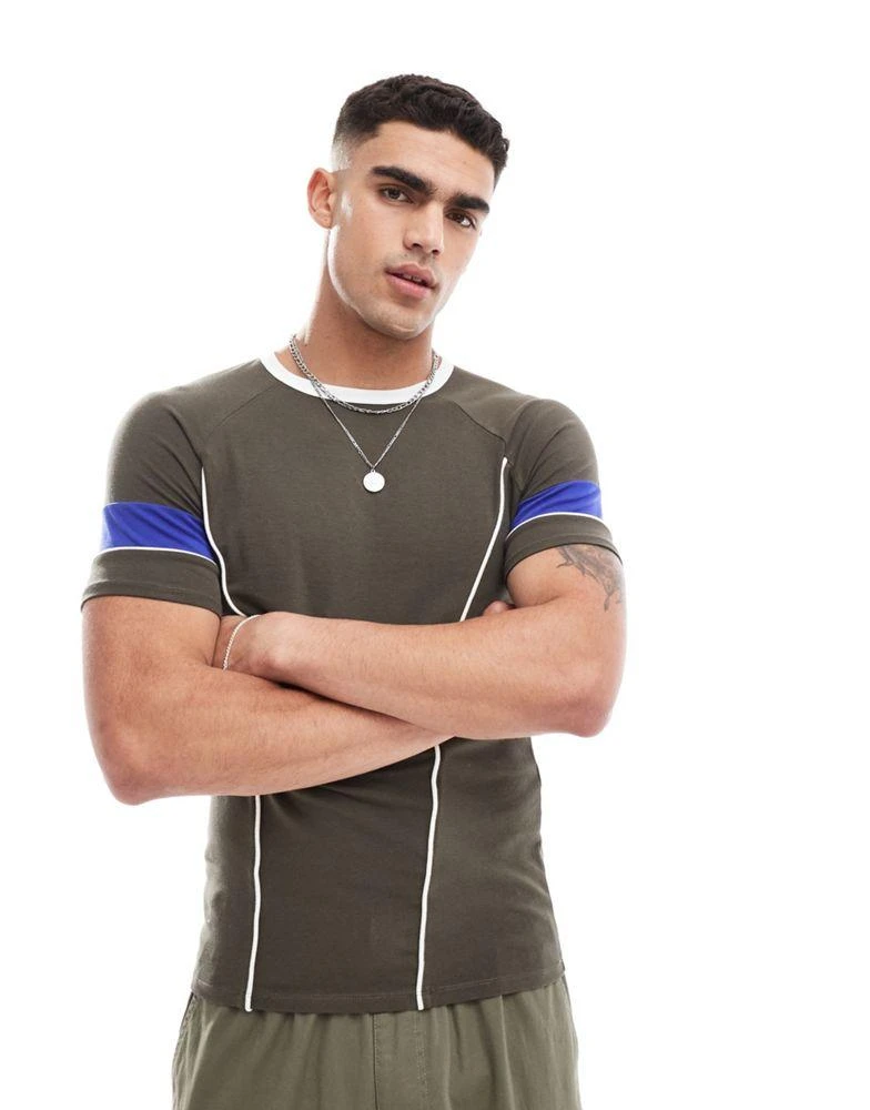 ASOS ASOS DESIGN muscle fit t-shirt with cut and sew detail in brown 1