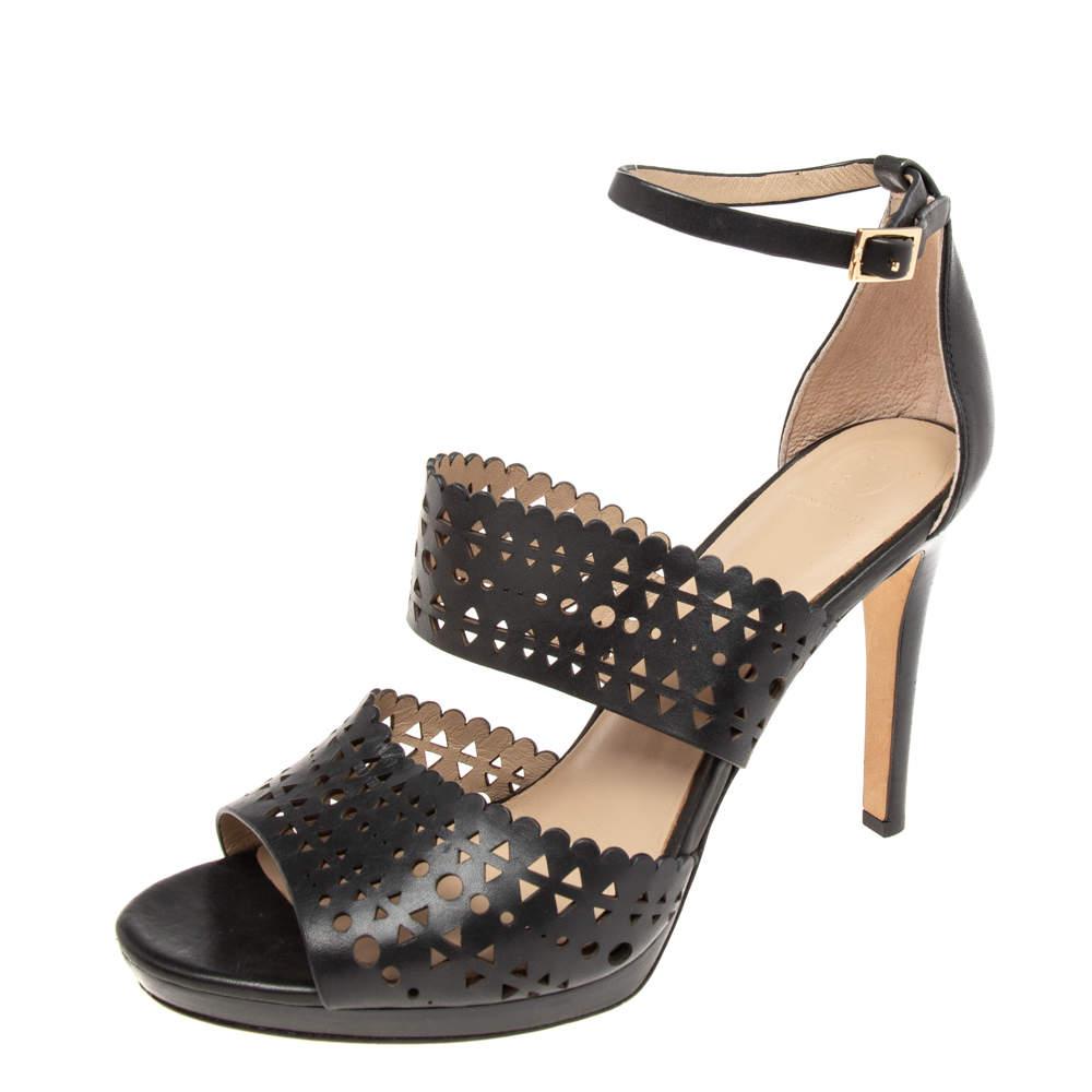 Tory Burch Tory Burch Black Laser Cut Scalloped Trim Leather Platform Ankle Strap Sandals Size 40