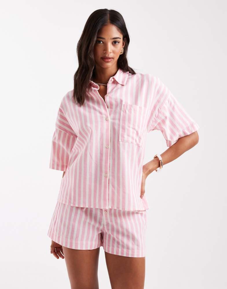 Pull&Bear Pull&Bear oversized short sleeve shirt co-ord in pink stripe