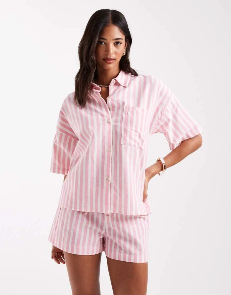 Pull&Bear Pull&Bear oversized short sleeve shirt co-ord in pink stripe 1