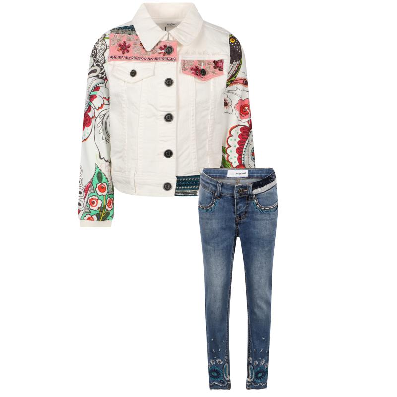 Desigual Floral detailing denim jacket and sequins and floral embroidery jeans set in white and blue