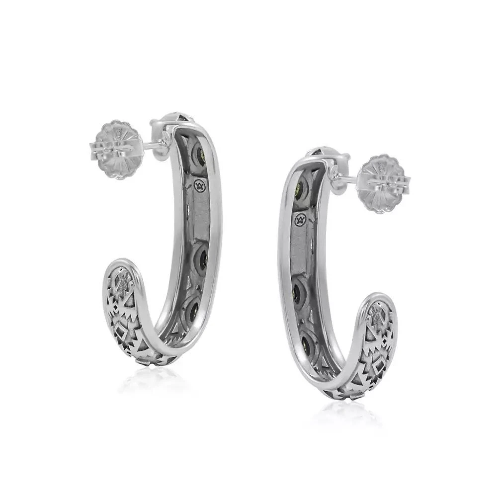 American West Jewelry Sterling Silver Green Serpentine Patterned J-Hoop 1 Inch Earrings 2