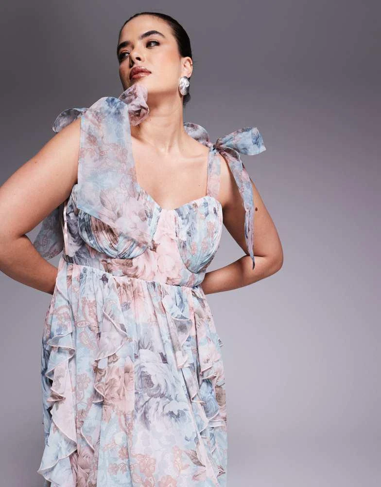 ASOS LUXE Curve maxi dress with waterfall ruffles and tie straps in lace  floral print  On Sale Now with Up to 21% Off | Discover Exclusive Deals &  Savings at BeyondStyle