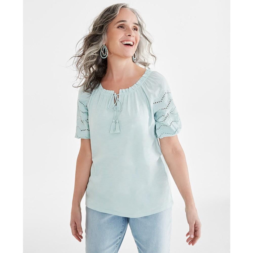 Style & Co Women's Cotton Mixed-Media Embroidered Blouse, Created for Macy's