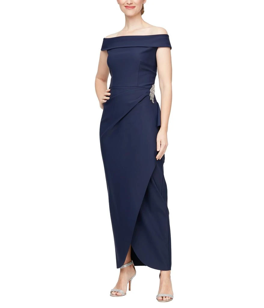 Alex Evenings Long Compression Off-the-Shoulder Dress with Hip Embellishment 1