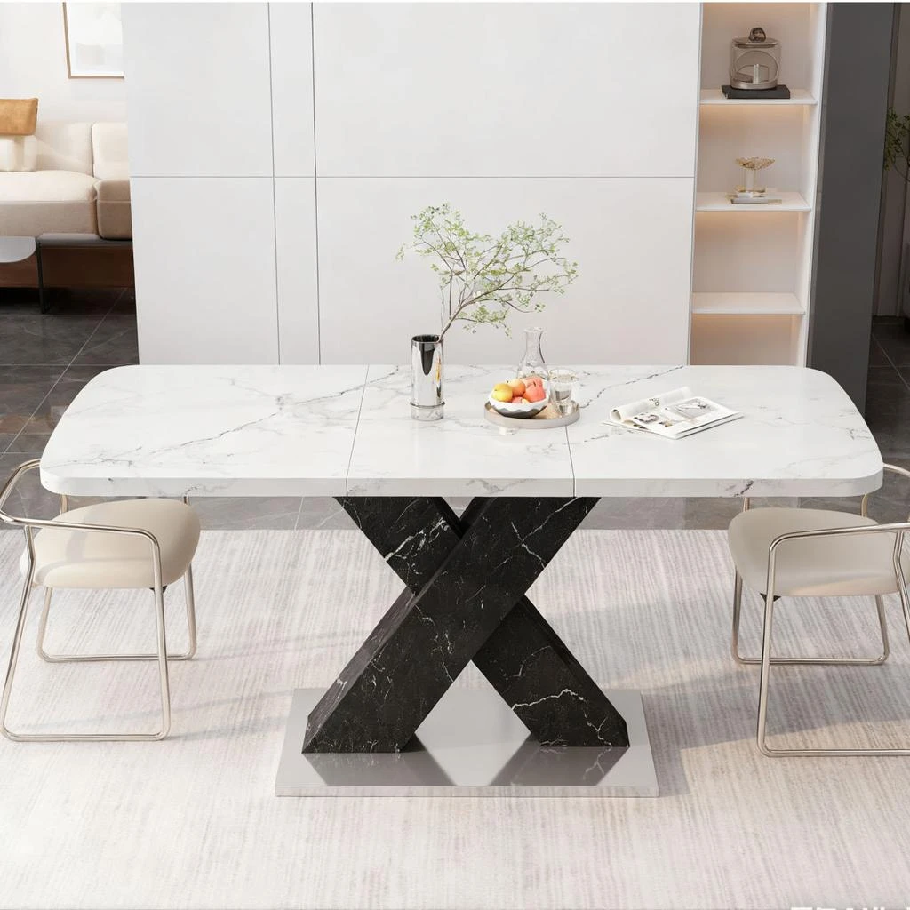 Streamdale Furniture Streamdale Modern Rectangle Dining Table, Stretchable, White Marble Top, Black X-Shape Leg 5