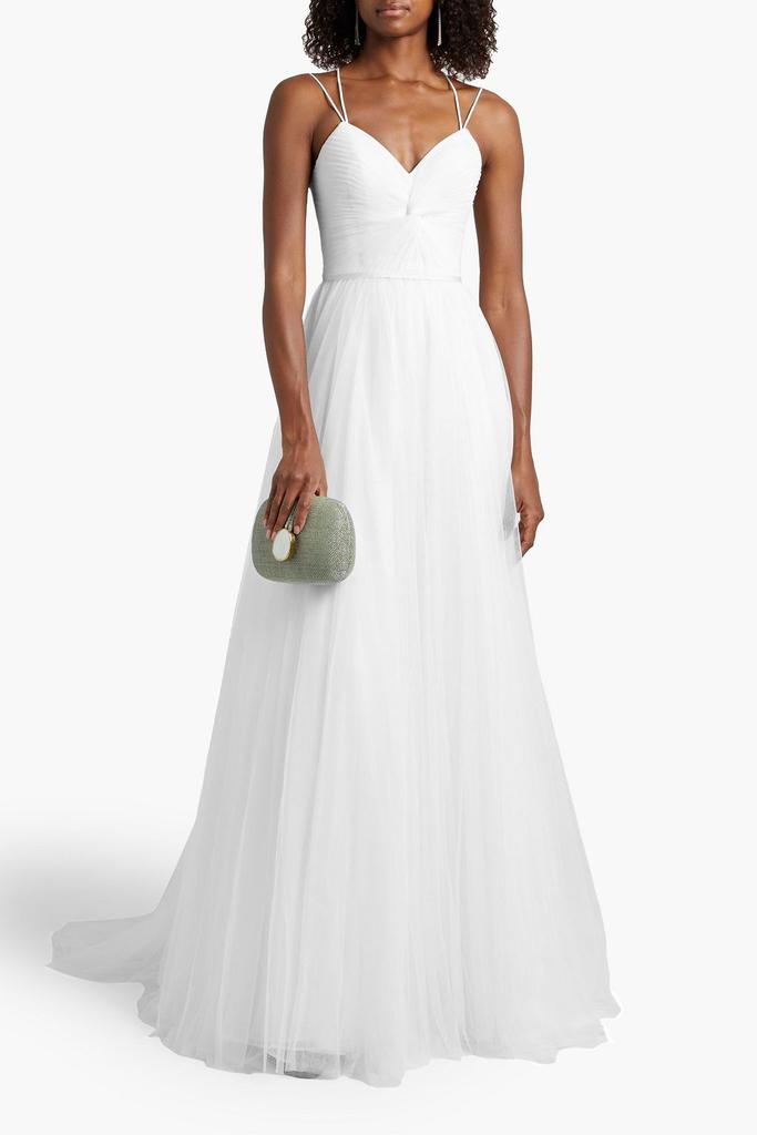 Theia Belted twist-front pleated tulle bridal gown