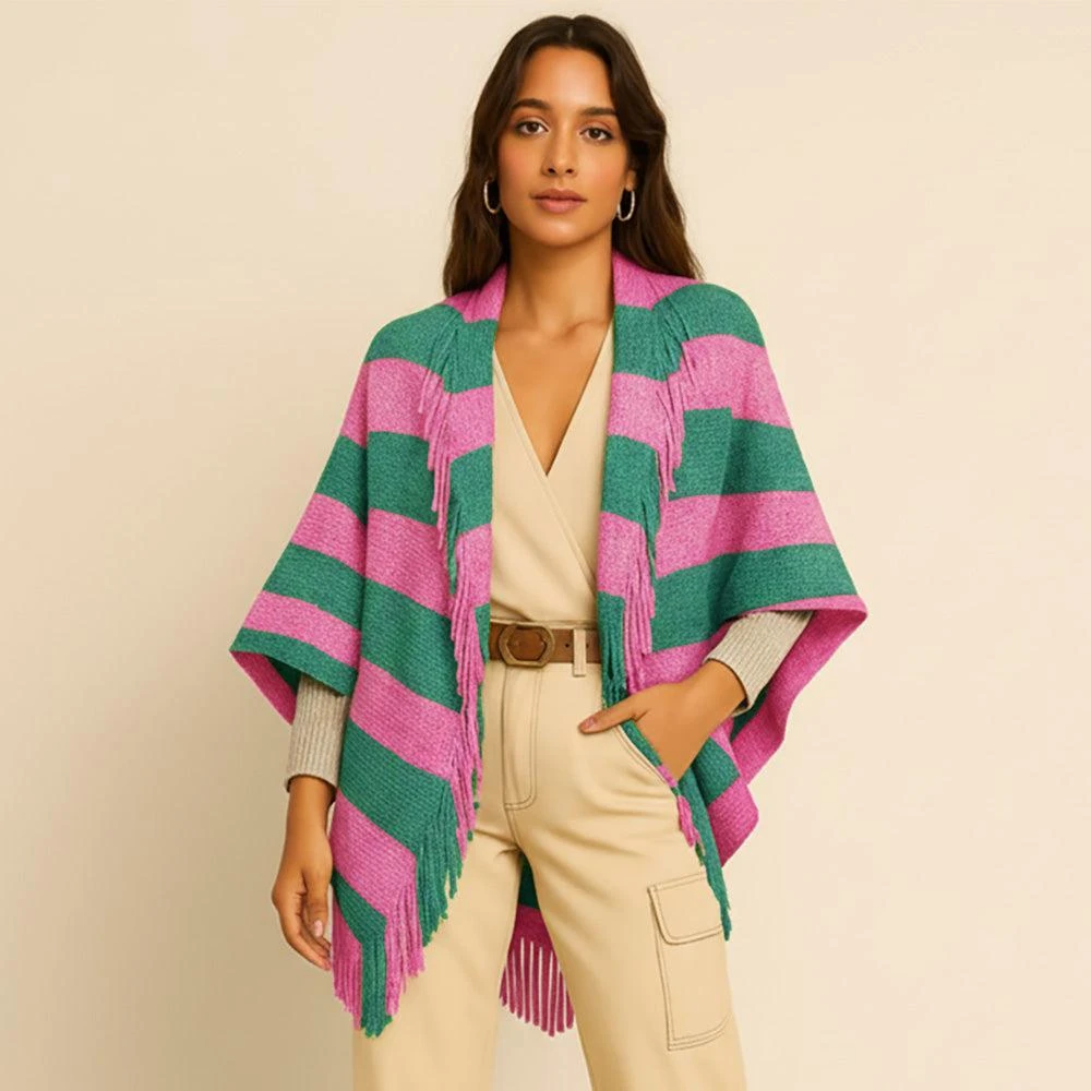 TRUEDAMES Open Front Striped Fringe Cocoon Shawl Wrap