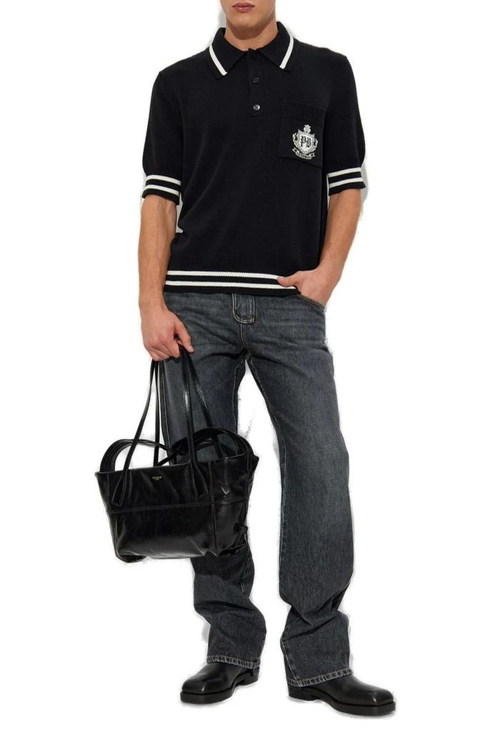 Balmain Balmain Striped Trim Emblem-Logo Knit Polo Shirt 4