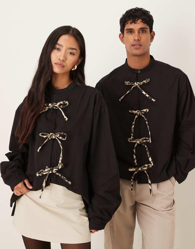 Sister Jane Sister Jane Unisex leopard tie bow front shirt in black