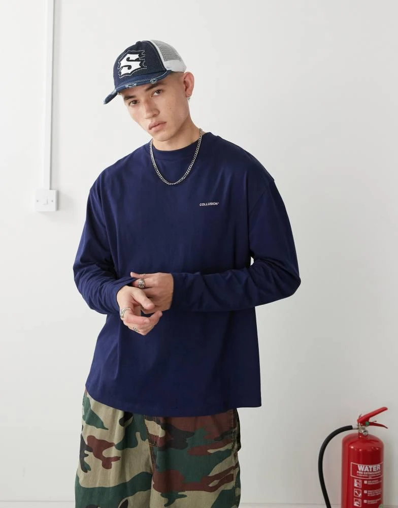 COLLUSION COLLUSION long sleeve t-shirt in navy with pink logo print 4