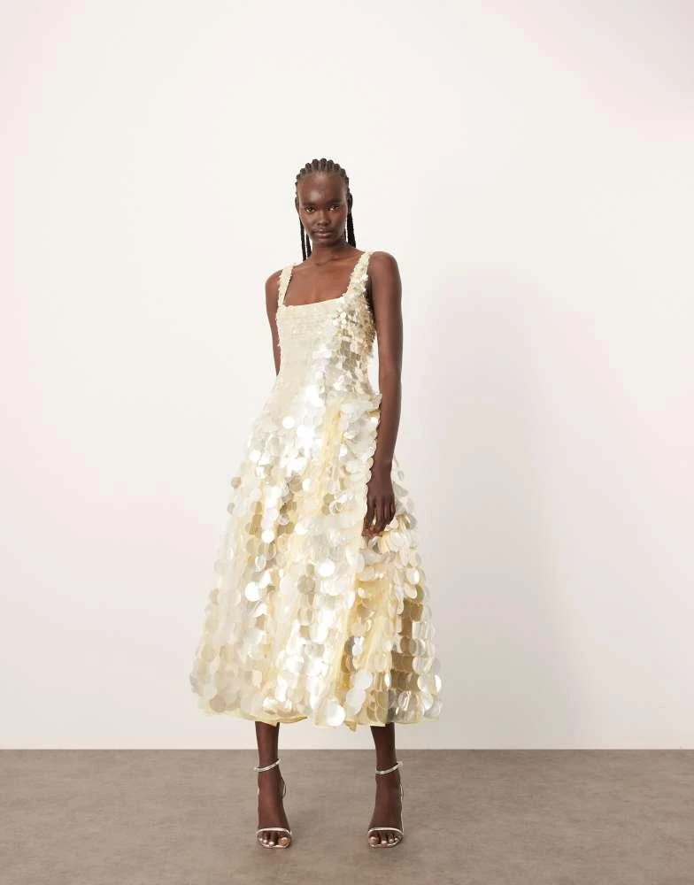 Midi Dress Asos White Sequin Suit ARRANGE ARRANGE Embellished Disc Sequin  Square Neck Full Skirt