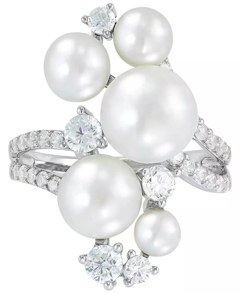 Arabella Cultured Freshwater Button Pearl (4 - 9-1/2mm) & Cubic Zirconia Cluster Ring in Sterling Silver 5