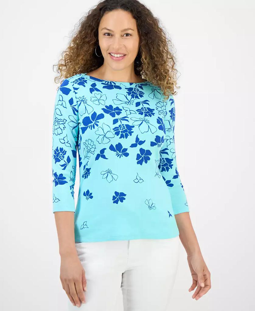 Style & Co Petite Floral Spark Printed Pima Cotton 3/4-Sleeve Top, Exclusively at Macy's