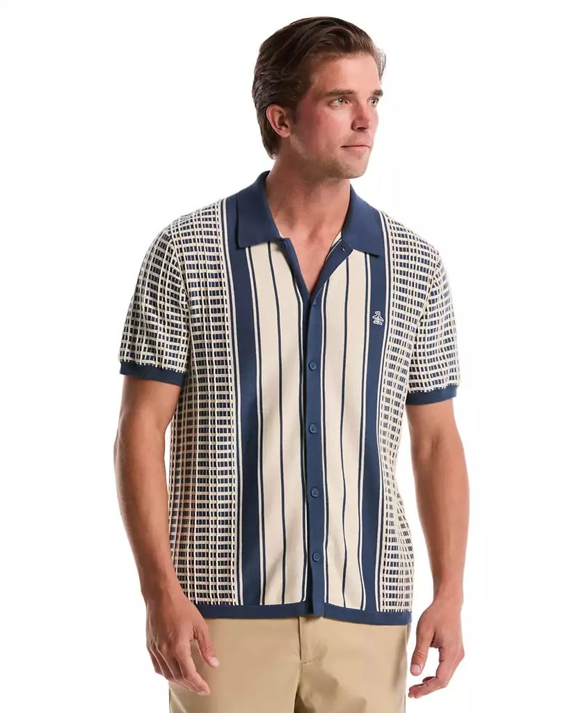 Original Penguin Men's Plaid & Stripe Button-Front Sweater Polo Short Sleeve in Sargasso Sea/Blue, Size 2XL, 100% Cotton