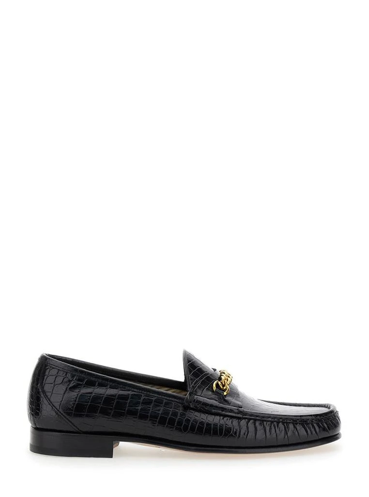 Tom Ford Black Slip-On Loafers With Chain Detail In Croco Effect Leather Man 1