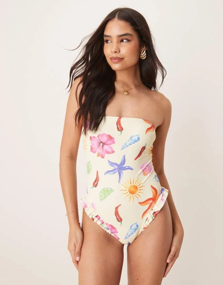 ASOS ASOS DESIGN May frill edge bandeau swimsuit in shell print 1