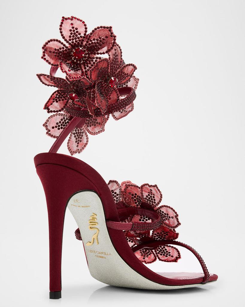 Rene Caovilla Floraine Crystal Flower Satin Snake Wrap Sandals