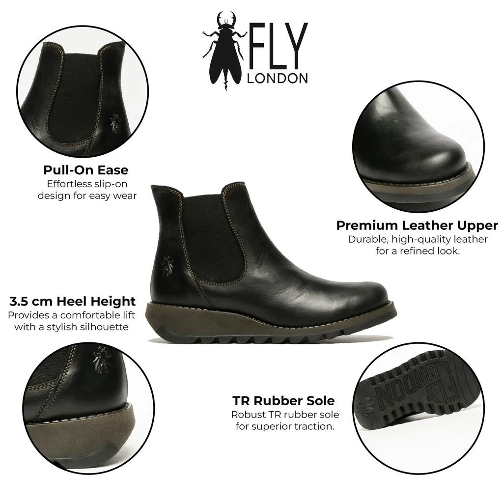 FLY London Fly London Womens Black SALV Chelsea Leather Ankle Casual Wedge Heel Boots 2