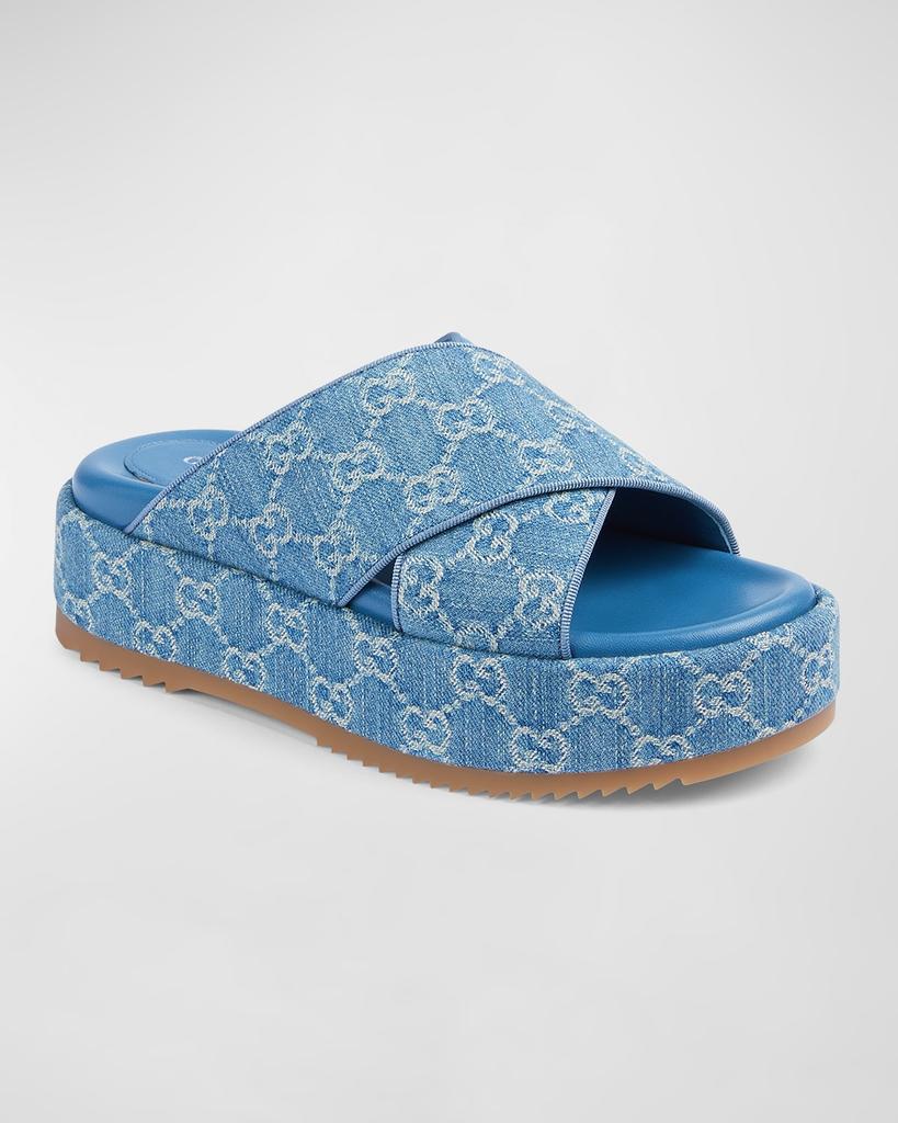 Gucci Angelina GG Denim Crisscross Platform Sandals