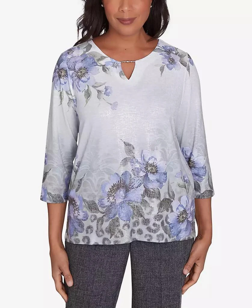 Alfred Dunner Petite Worth Avenue Beaded Split Neck Floral Shimmer Top 1