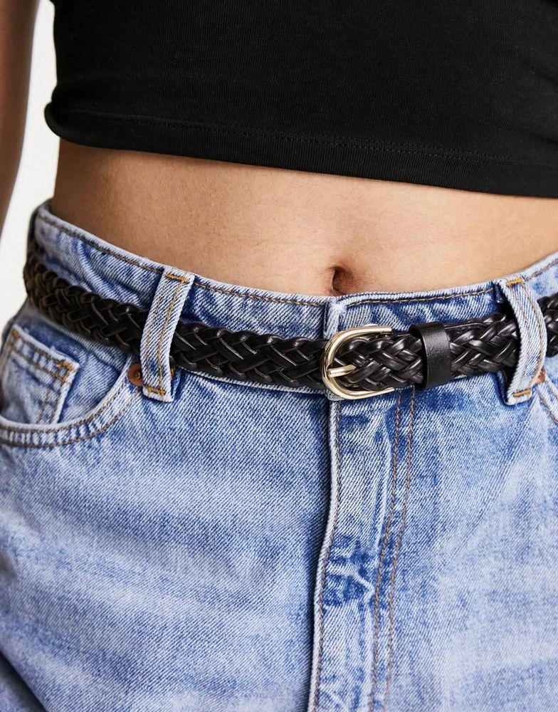 Pieces Pieces plaited faux leather belt with gold buckle in black 1