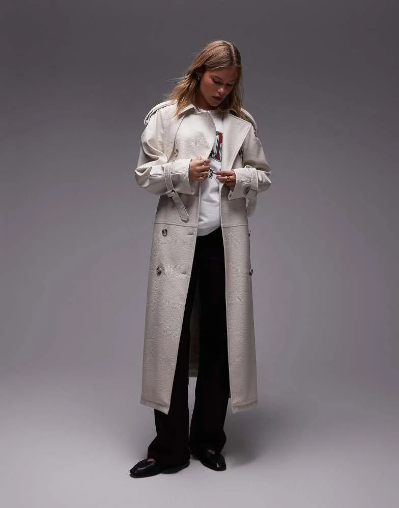 Topshop Topshop textured faux leather trench coat in cream 4
