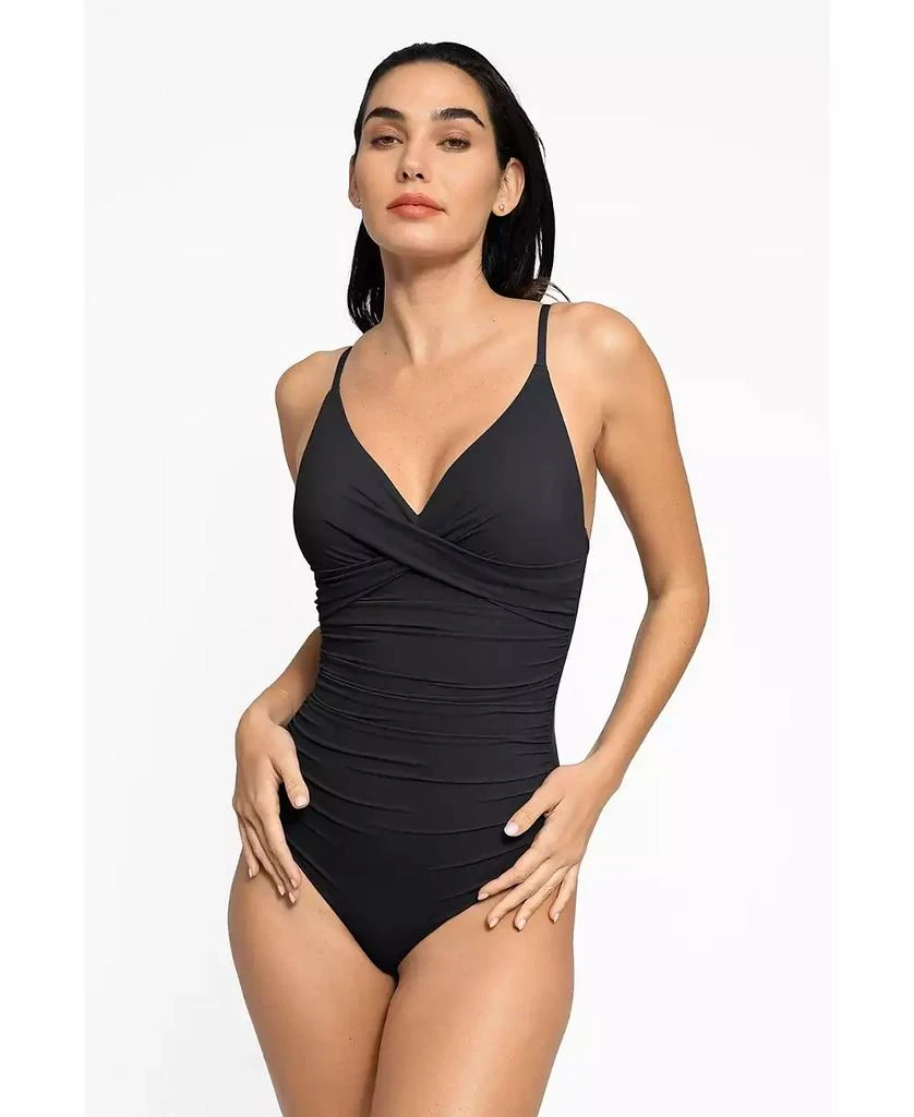 Popilush Women
s Shapewear Ruched Cross-Front Sculpting One-Piece Swimsuit.