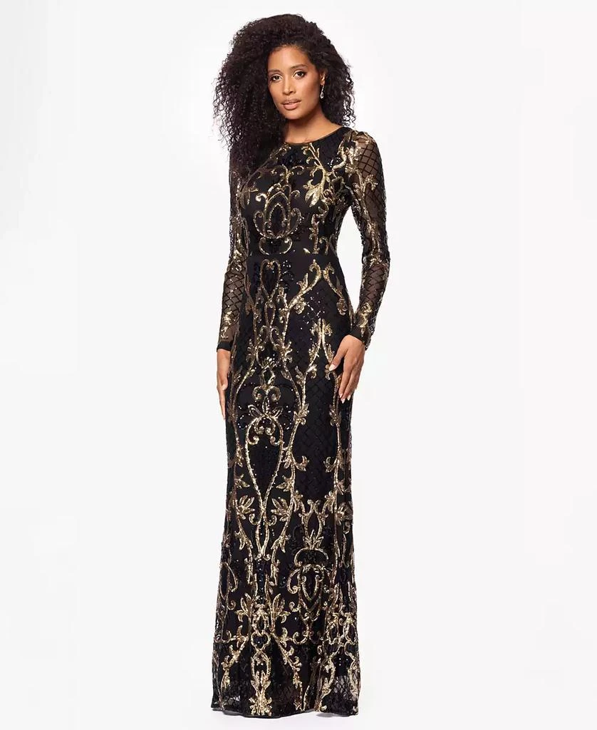 Betsy & Adam Betsy & Adam Petite Sequinned Mesh-Sleeve Evening Gown 3