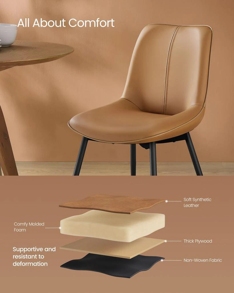 BreeBe Set of 2 Upholstered Leather Dining Chairs Caramel Brown 3