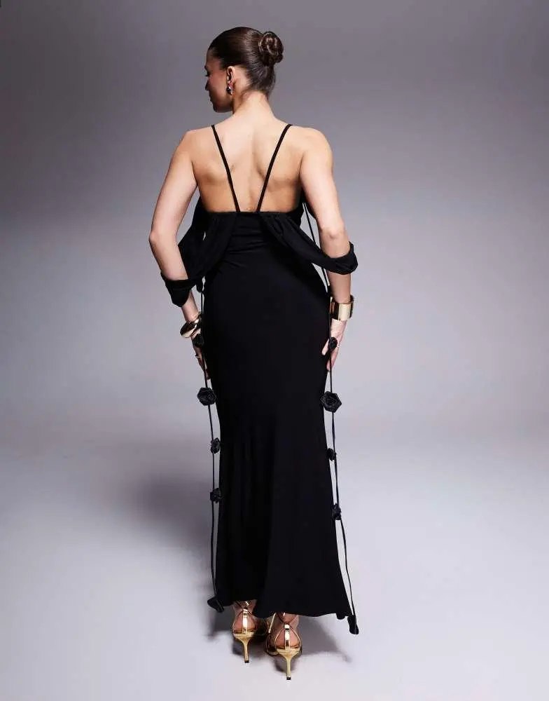 ASOS ASOS DESIGN draped bardot layered neckline midi dress with flower trims in black 2