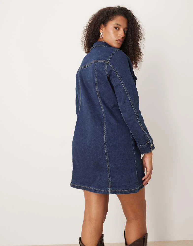 ASOS Design Curve denim long sleeve fitted shirt mini dress in rinse-Navy