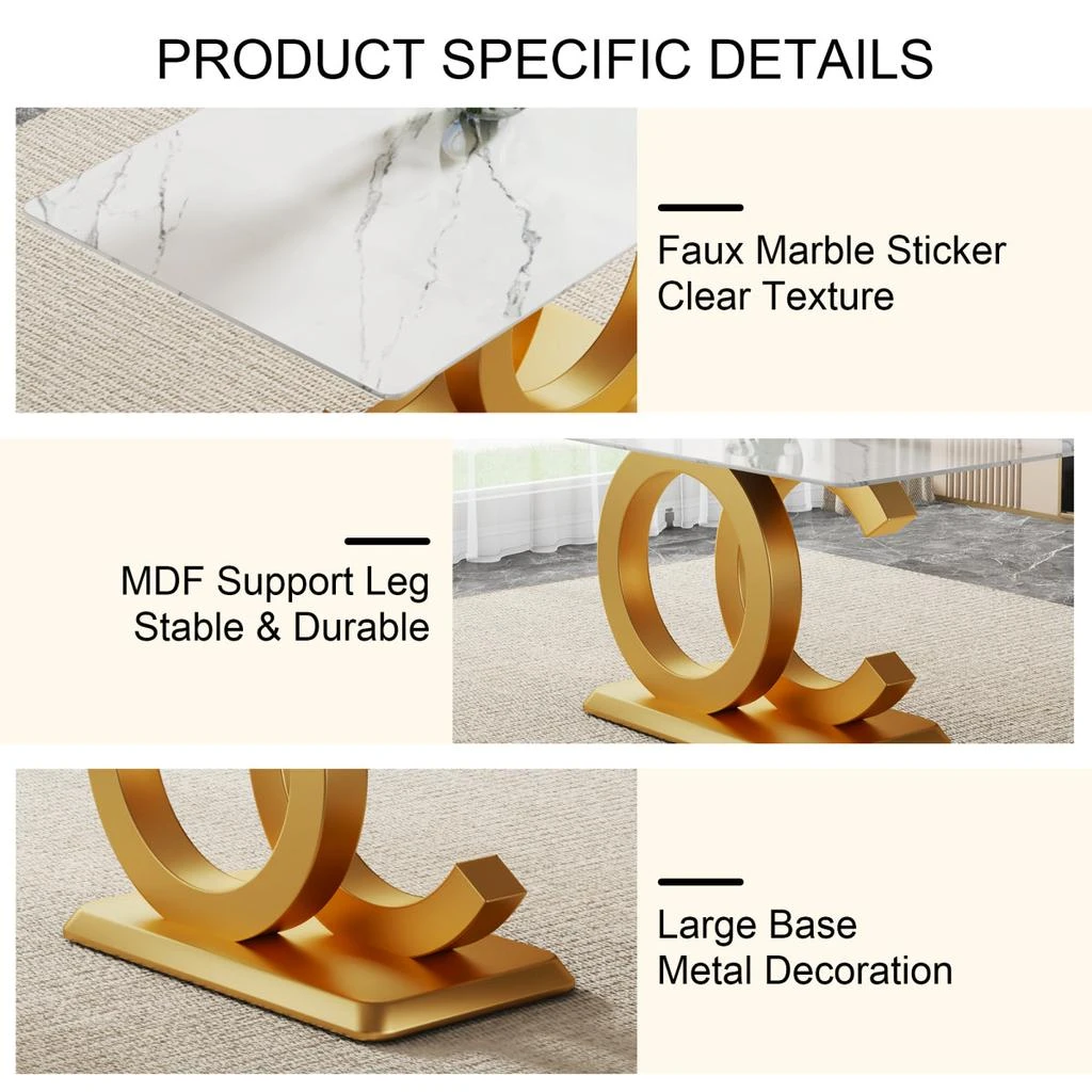 Streamdale Furniture Streamdale Tempered Glass Marble Top Dining Table with Gold OC Legs 3