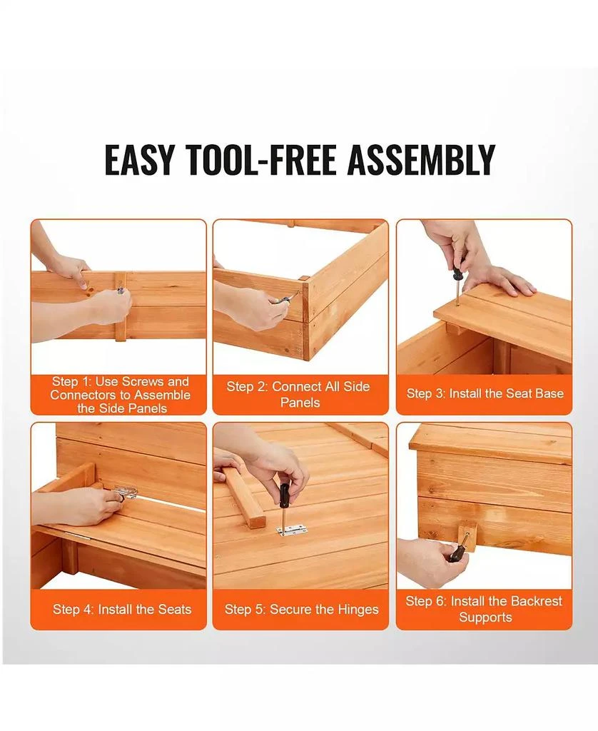 Slickblue Wooden Sandbox, 52.4 x 47.2 x 16.9 in Sand Box, Sand Pit with Foldable Bench Seats and Bottom Liner 6
