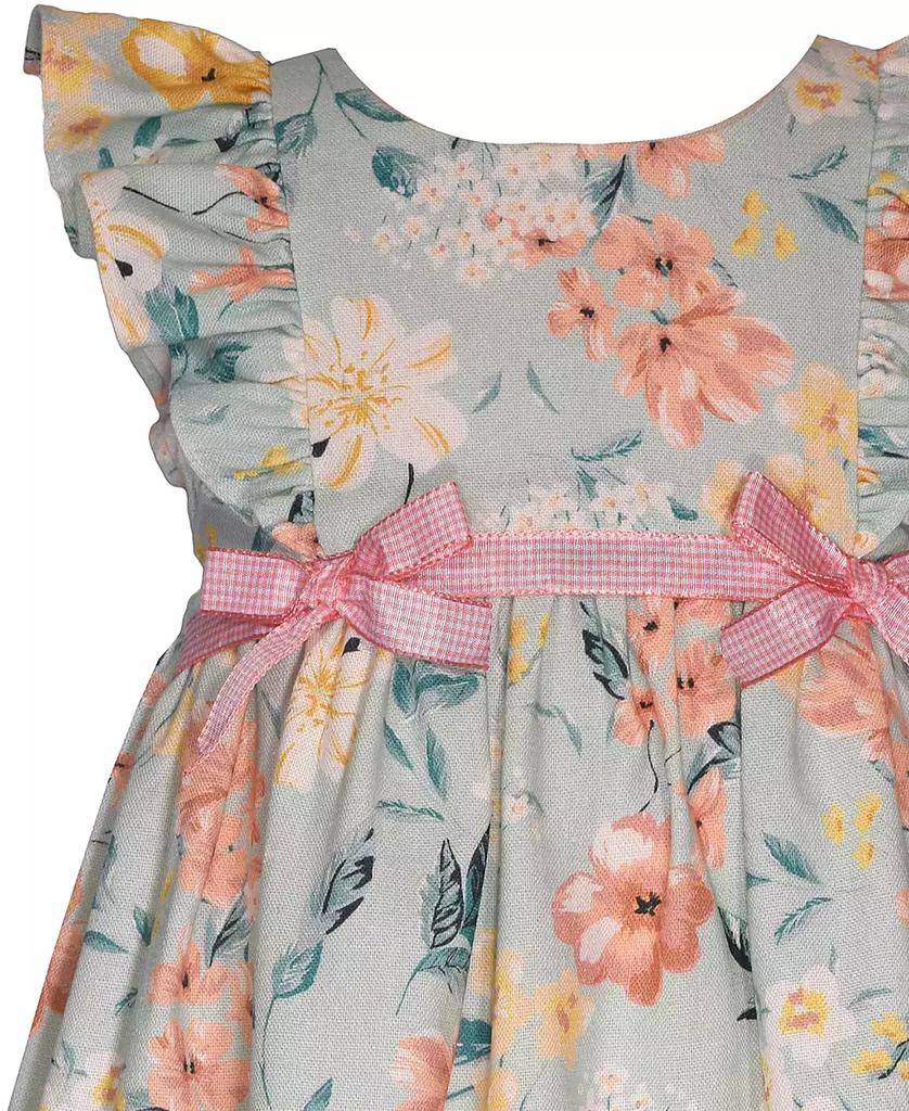 Bonnie Baby Baby Girls Floral Dress with Pinafore Ruffles and Ribbon Trim